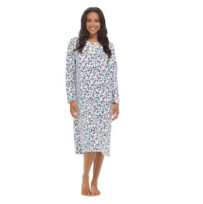 Women's long sleeve fleece nightdress soft warm floral pr...
