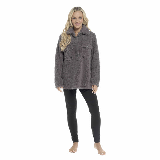 Luxuriously soft Women's Sherpa Top and Leggings Lounge Set by OLIVIA ROCCO, featuring stylish double pockets, perfect for chilly days and enhancing comfort during relaxation.