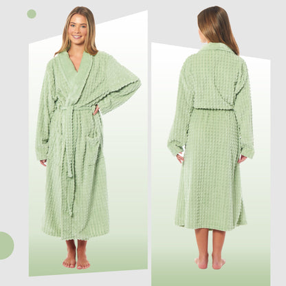 Women's luxury waffle fleece robe in soft cream color, showcasing elegant design with a waist tie and practical pockets, perfect for cozy lounging.