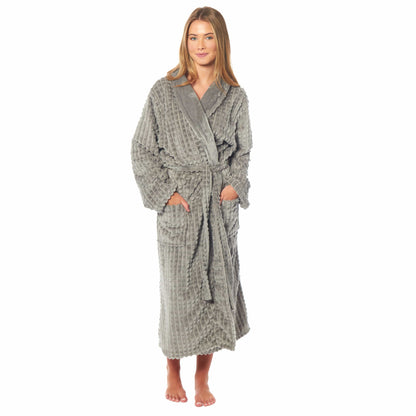 Women's Luxury Soft Waffle Fleece Robe in timeless checked design, featuring a belted waist and practical pockets, exemplifying comfort and elegance for stylish lounging.