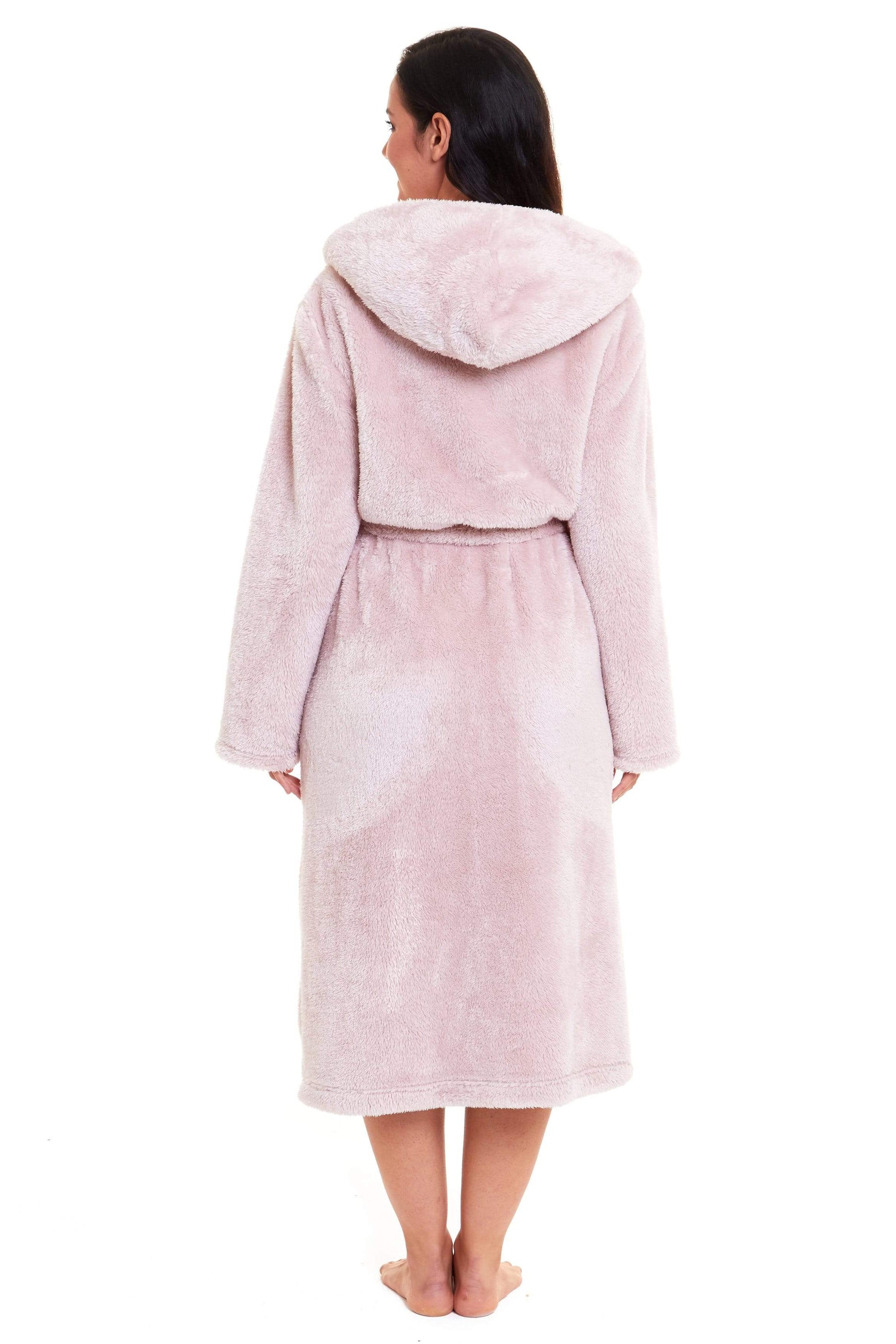 Detail of the luxurious pink fleece hooded robe displaying its chic design elements and warm, inviting colour, making it a perfect women's loungewear choice.