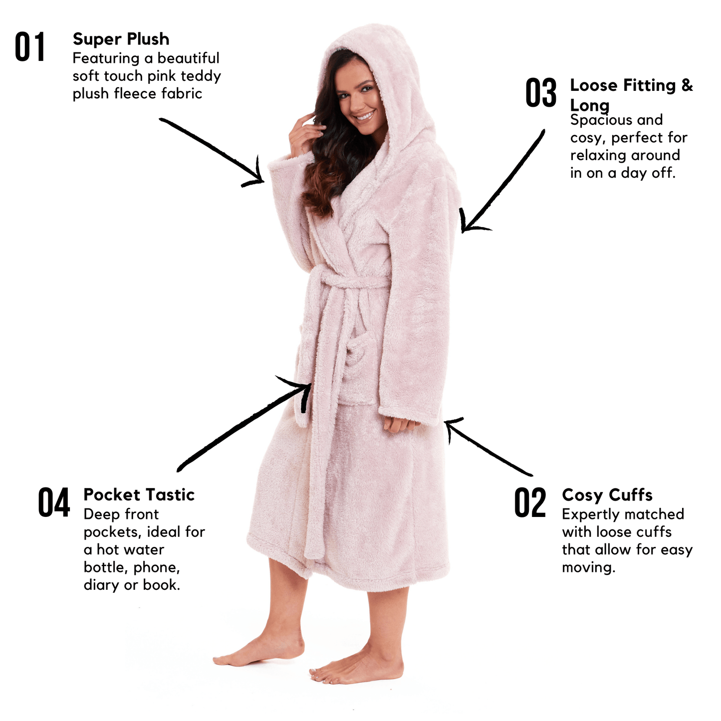 Women's luxurious pink snuggle velvet touch fleece hooded robe draped elegantly over a soft chair, showcasing its plush texture and chic design.