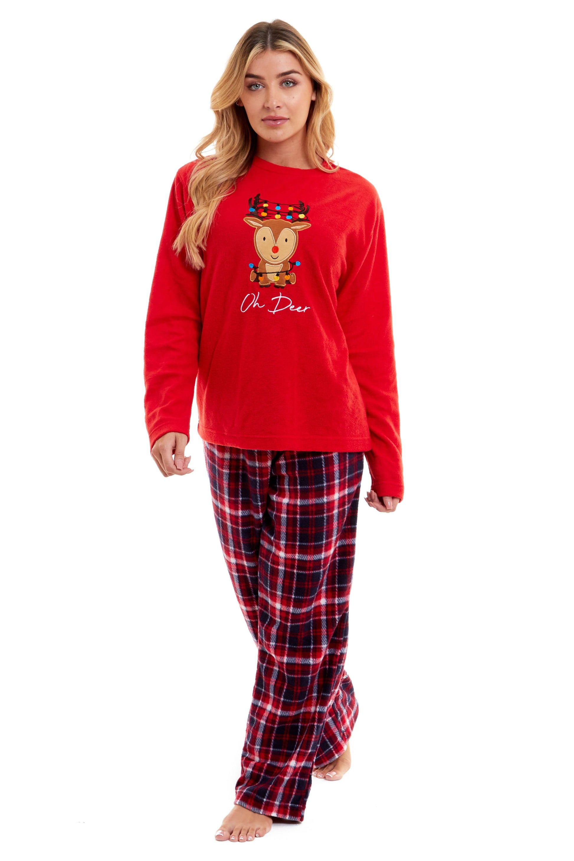 Stylish festive reindeer patterned bottoms of the Women's Polar Fleece Pyjama Set, designed for comfort and holiday spirit.