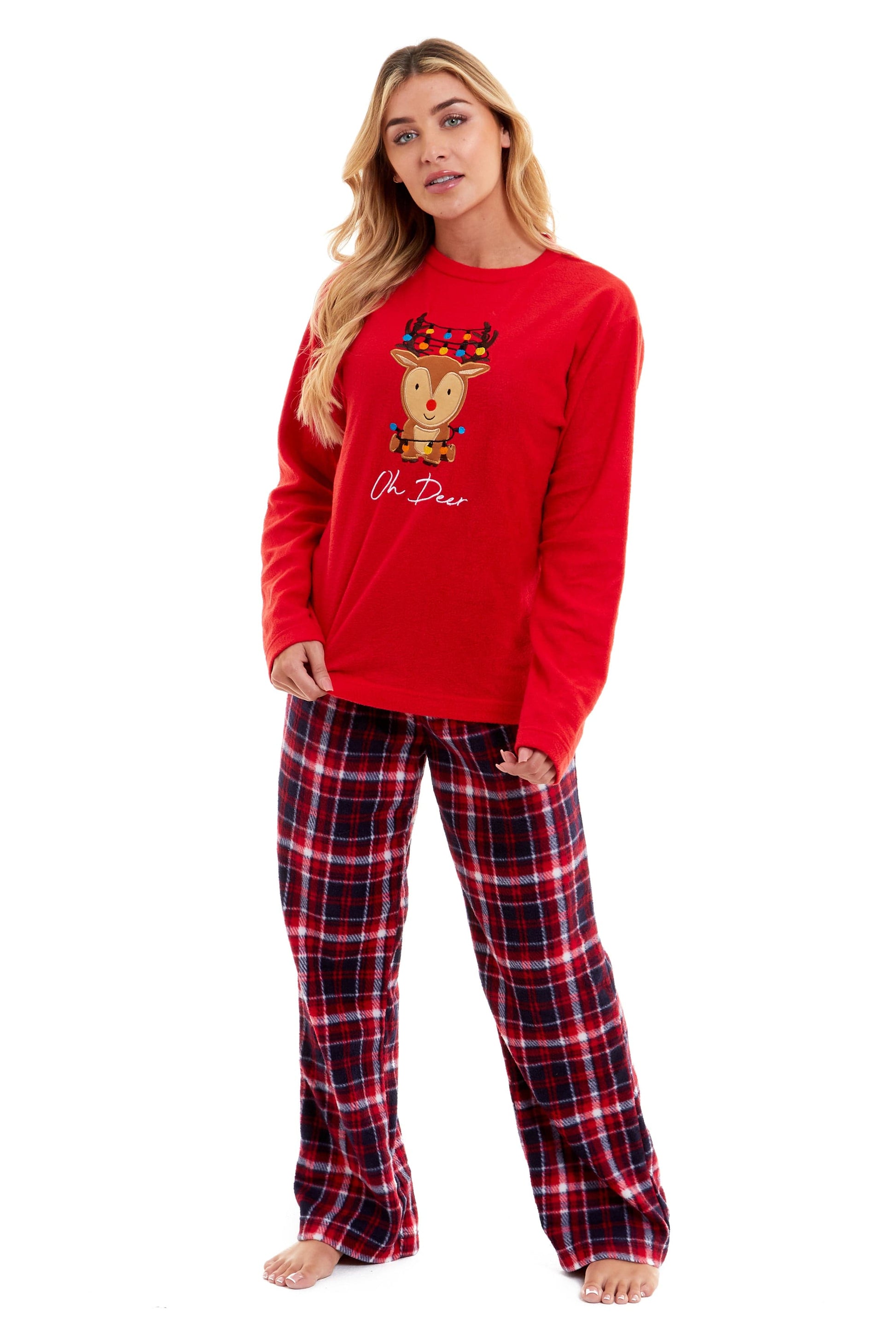 Model wearing the Women's Ultra-Soft Polar Fleece Reindeer Pyjama Set, demonstrating its chic fit and festive charm.