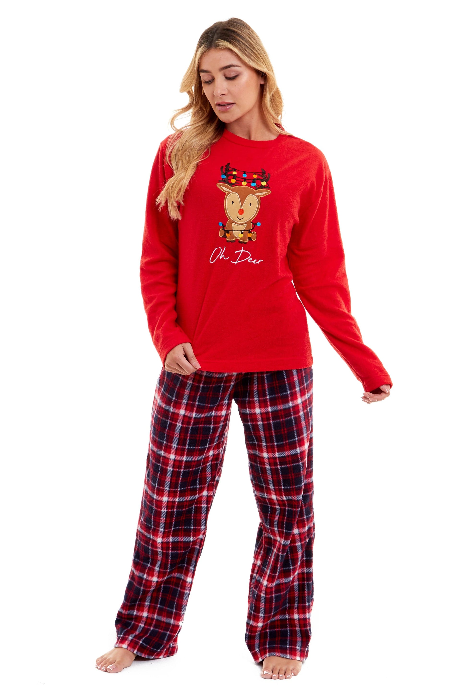 Luxurious Women's Ultra-Soft Polar Fleece Pyjama Set featuring a festive reindeer pattern, designed for ultimate comfort and warmth, ideal for cozy winter nights and stylish loungewear.
