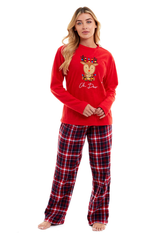 Luxurious Women's Reindeer Polar Fleece Pyjama Set in festive design, showcasing ultra-soft fabric for ultimate comfort in sizes S-XL.