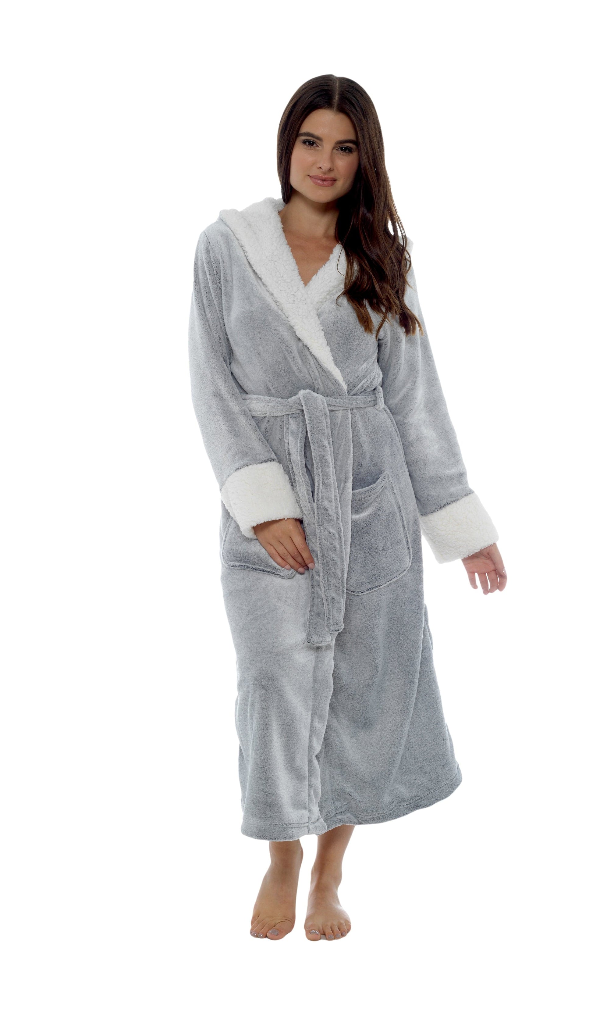 Luxurious shimmer fleece hooded bath robe for women in stunning shimmer grey, offering ultimate comfort and style, perfect for cozy evenings at home or relaxing mornings.