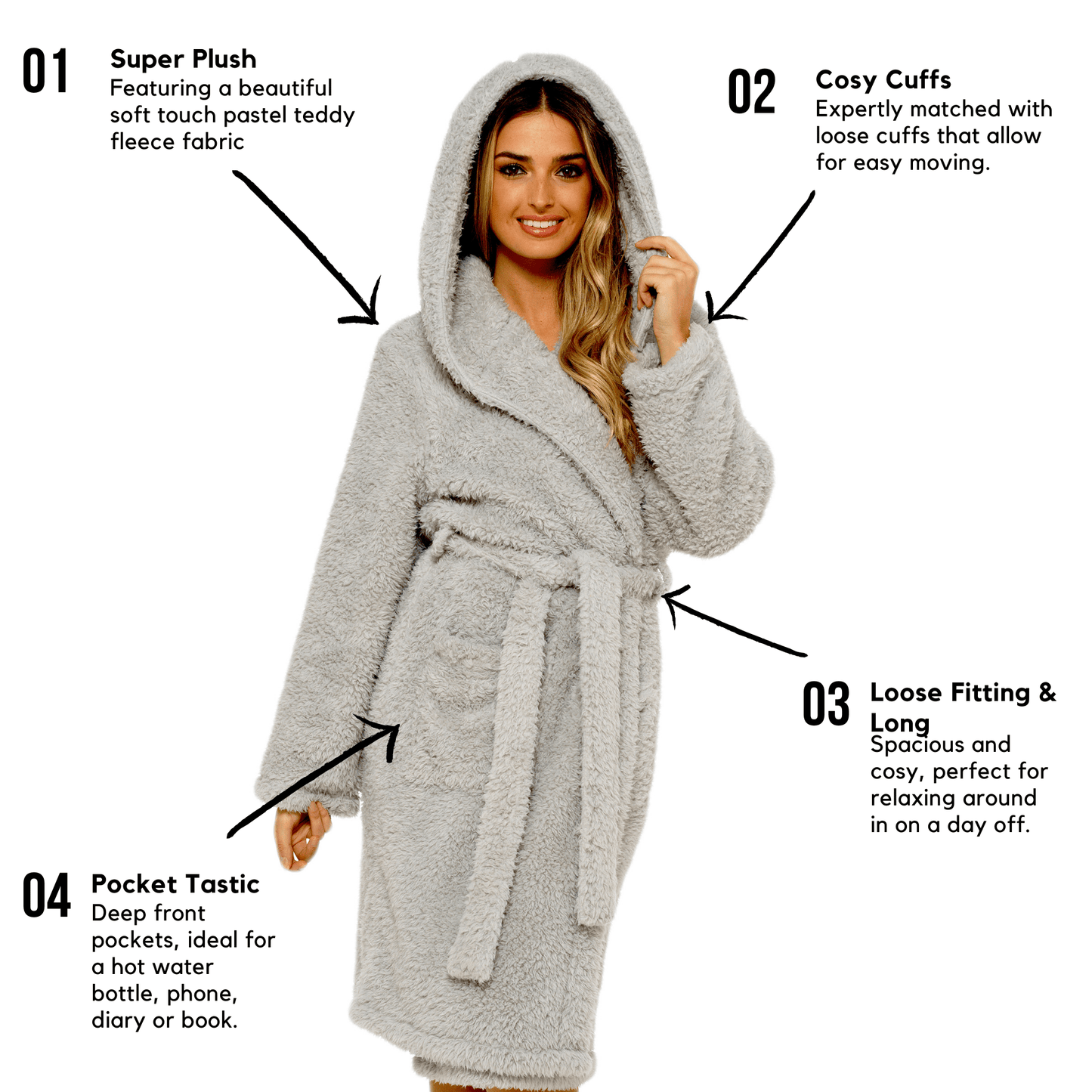 Women's ultra-soft grey teddy fleece hooded robe with sherpa lining, showcasing luxurious comfort and warmth, ideal for cozy evenings.