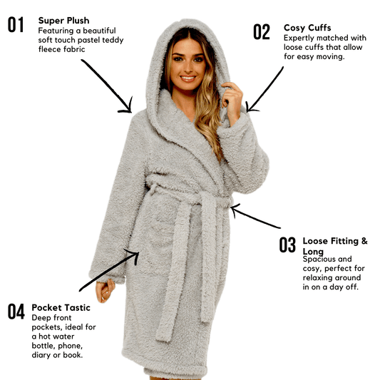 Women's ultra-soft grey teddy fleece hooded robe with sherpa lining, showcasing luxurious comfort and warmth, ideal for cozy evenings.