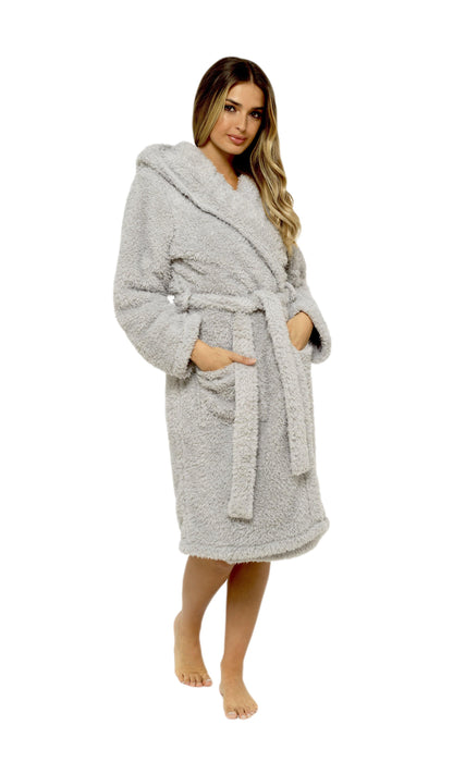 Elegant presentation of the women's grey teddy fleece hooded robe, displaying its stylish hood and sophisticated design, perfect for loungewear enthusiasts.