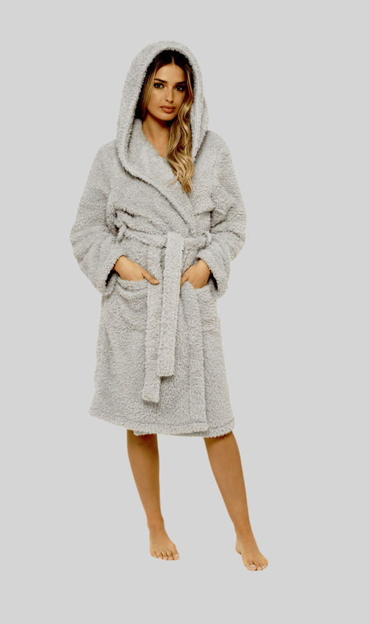 Luxurious Women's Ultra-Soft Grey Teddy Fleece Hooded Robe with Sherpa Lining - Perfect for indulging in warmth and cozy elegance, available in sizes S-XXL by OLIVIA ROCCO.