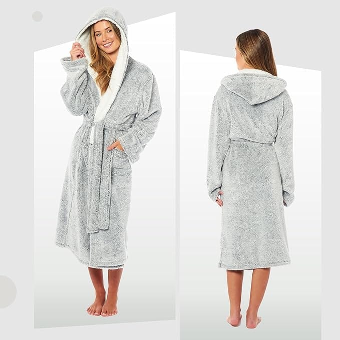 Stylish hood detail of the Women's Shimmer Fleece Dressing Gown, demonstrating warmth and elegance, perfect for cosy evenings at home.