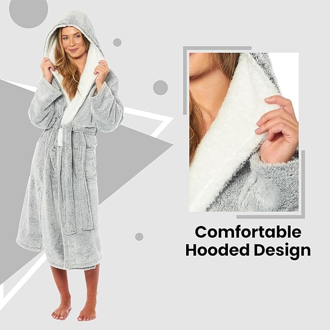 Complete view of the Luxury Women's Shimmer Fleece Hooded Bath Robe draped elegantly, ideal for adding a touch of sophistication to loungewear.
