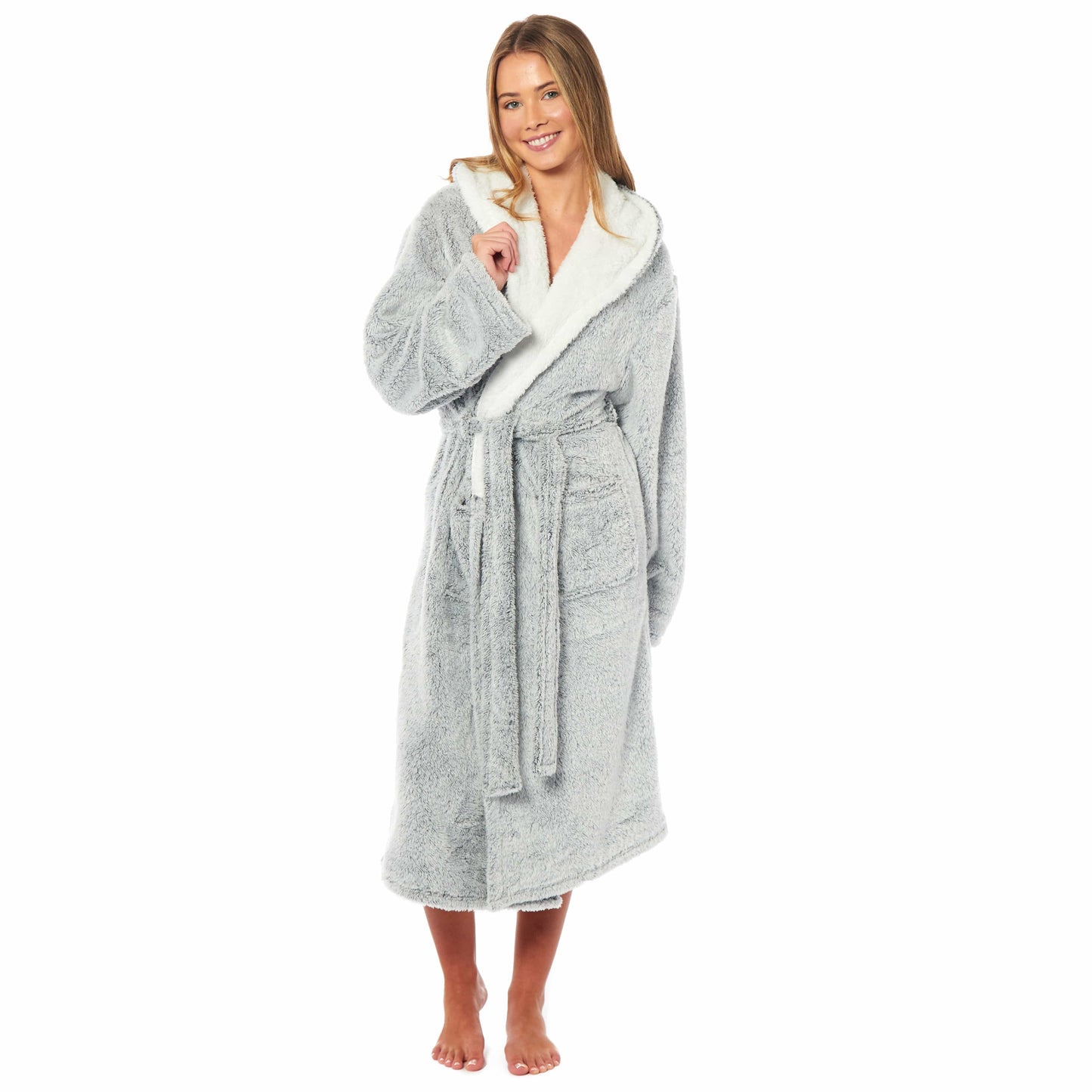 Luxury Women's Shimmer Fleece Hooded Bath Robe in elegant Shimmer Grey, showcasing soft plush design and high-quality fabric for ultimate comfort.