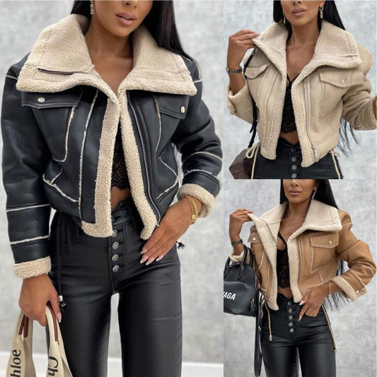 Chic women's faux leather short motorcycle jacket in black, perfect for spring, autumn, and winter layering, featuring a stylish lapel collar and durable design.
