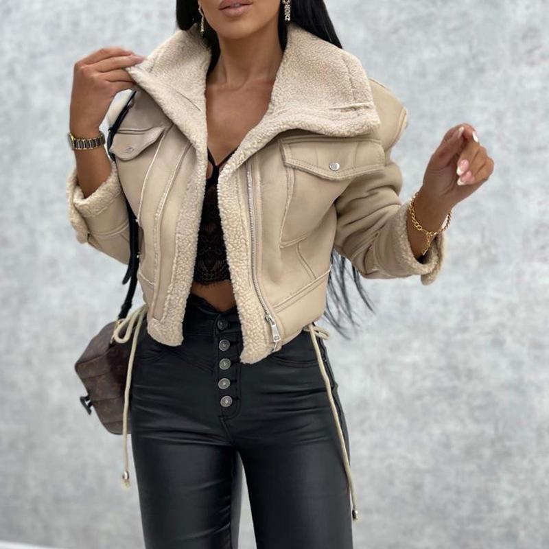 Elegant women's faux leather short motorcycle jacket displayed in khaki, showcasing long sleeves and large front pockets, ideal for a fashionable casual outfit.