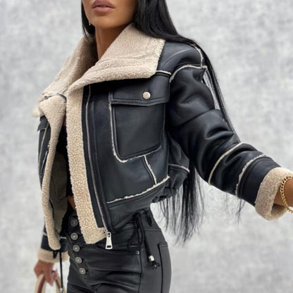 Chic women's faux leather short motorcycle jacket in elegant beige, perfect for a stylish layered look for all seasons.