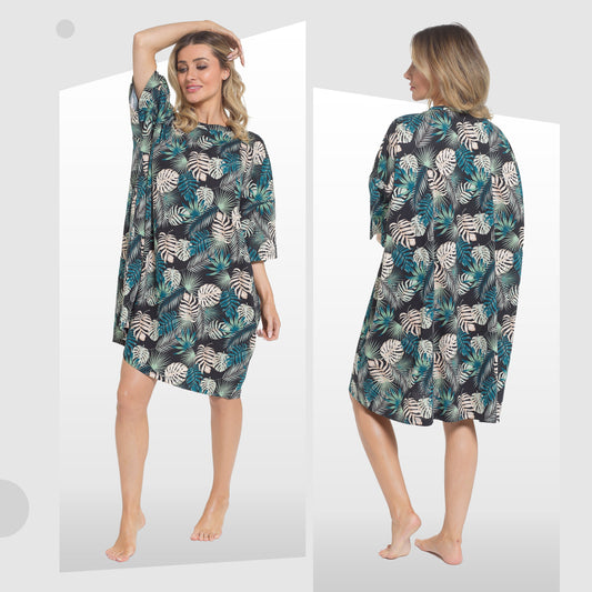 Elegantly designed Women's Tropical Baggy Nighty Dress in soft 100% cotton, showcasing playful prints of sloths and highland cows, perfect for luxurious nighttime relaxation and stylish lounging.