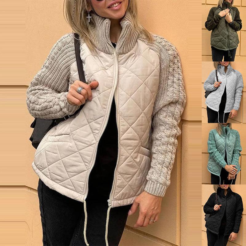 Luxurious women's stand collar knitted stitching jacket in versatile grey, perfect for casual outings, available in sizes S to 3XL.