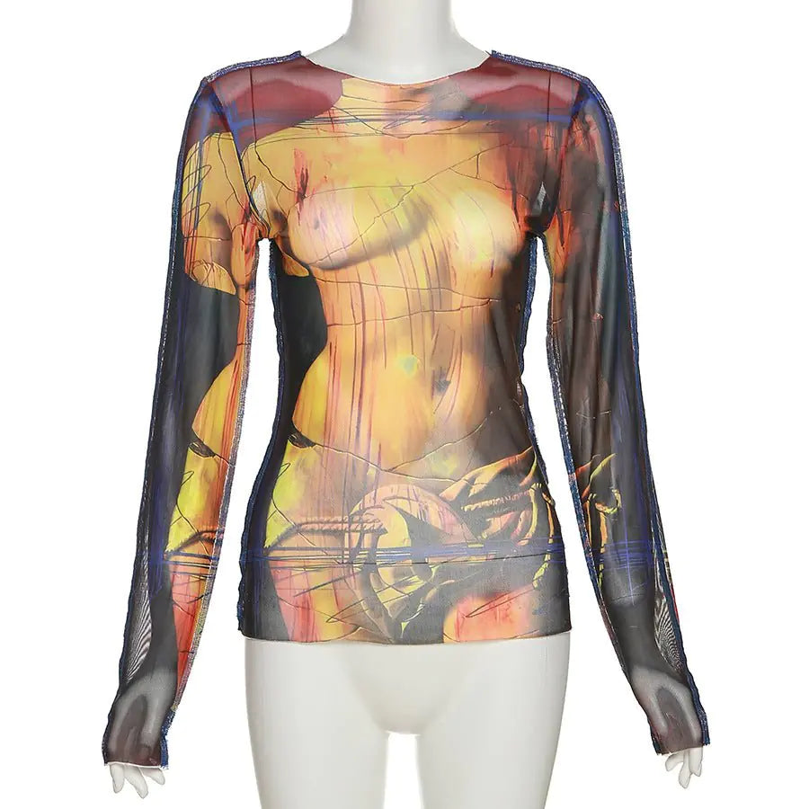 Women's fashion designer Work Of Art Print Mesh Tee