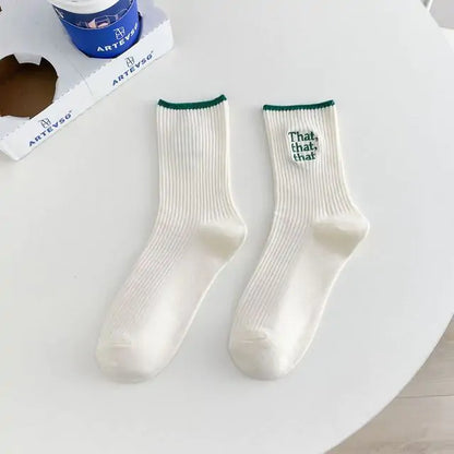 Elegant White Embroidered Socks for Women with Unique Japanese-Style Font Design featuring green accents on the cuff, ideal for a chic and sophisticated look.