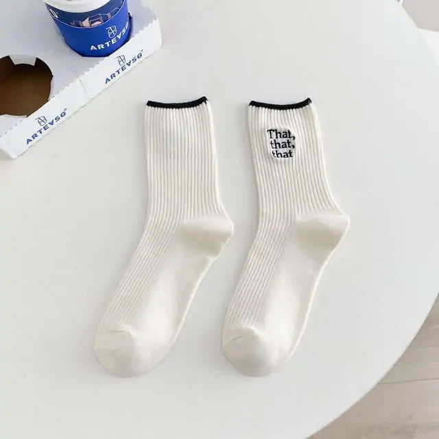 White Embroidered Slogan Socks for Women