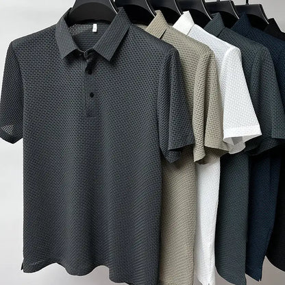 Stylish model wearing Men's AirElegance Polo Tee by Dazzling Dreams Studio, exemplifying timeless sophistication and comfort for any occasion.