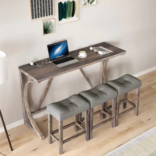 The "Apex" Artisan Bar & Workstation Ensemble - Solid Wood, Integrated Power, & Designer Stools