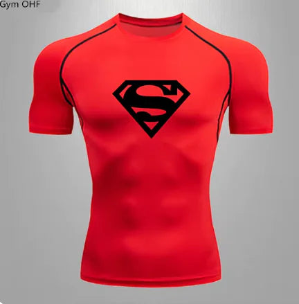 Vibrant red men's compression t-shirt highlighted by a classic Superman logo, tailored for activewear enthusiasts seeking a blend of fashion and functionality.