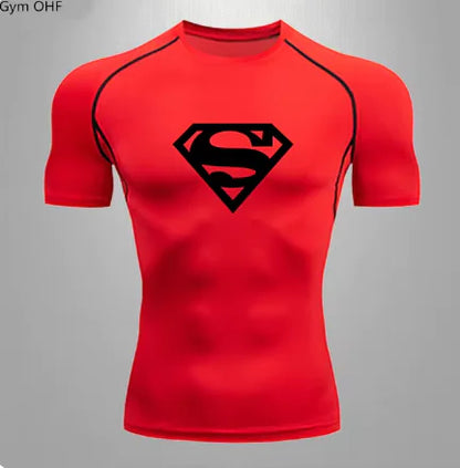 Sophisticated men's red compression t-shirt with a prominent logo, crafted for luxury and comfort during workouts.