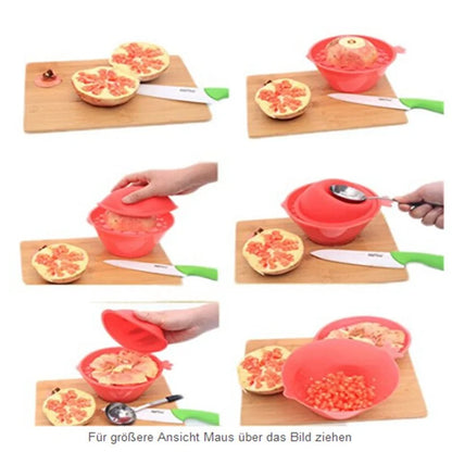 Step-by-step demonstration of a pomegranate peeler in action, illustrating the seamless process of extracting fresh seeds with precision and elegance in a modern kitchen.