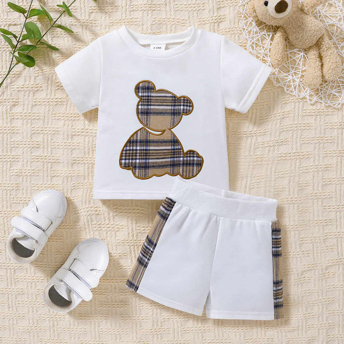 Baby's  Bear Graphic Round Neck Tee and Short Set