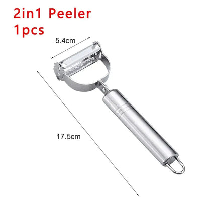 Premium stainless steel 2-in-1 vegetable peeler, elegantly designed for effortless peeling, with a sleek handle and razor-sharp blade, ideal for culinary enthusiasts.