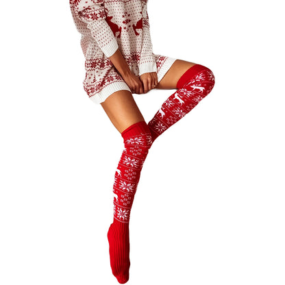 Chic Sexy reindeer Stockings in vibrant red depicted on a model, showcasing a festive snowflake design for a stylish holiday aesthetic.