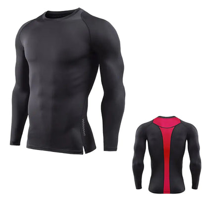 Refined men's long sleeve compression shirt in black with a vibrant pink back detail, blending luxury and functionality for active wear.