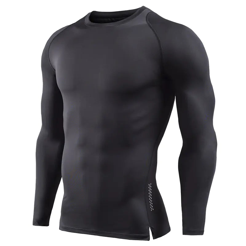 Elegant black men's long sleeve compression shirt, showcasing a sophisticated fit for active lifestyles and gym workouts.