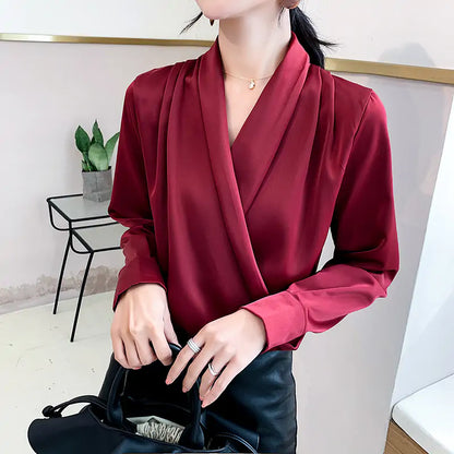 Elegant Premium Chiffon Satin V-Neck Blouse with Criss-Cross Neckline by Dazzling Dreams Studio, showcasing luxurious fabric and a sophisticated design, perfect for professional women. Ideal for office wear and after-work events.