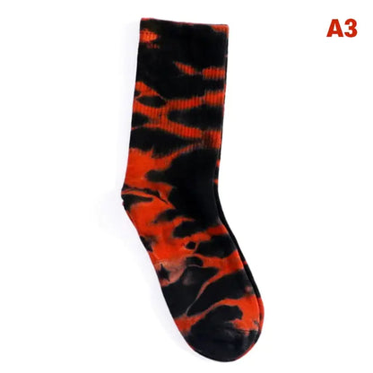 Luxurious Women's Tie-Dye Middle Tube Socks showcasing a bold red and black pattern, crafted for all-day style and comfort.