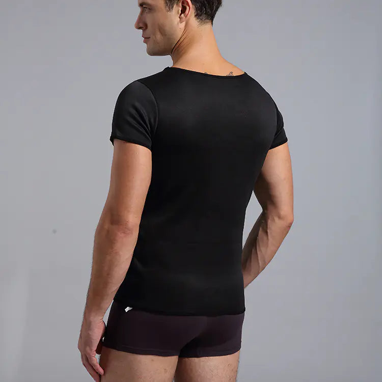 Rear view of a man wearing a black short sleeve body shaper t-shirt, highlighting the tailored fit that enhances the physique.
