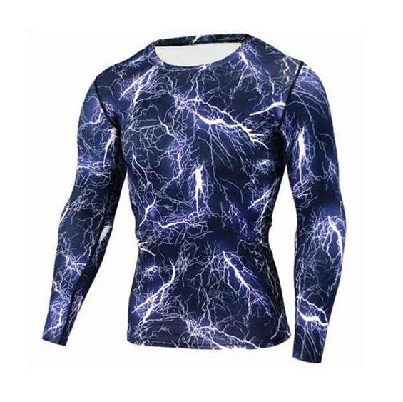 Stylish men's long sleeve compression shirt with an eye-catching lightning motif, perfect for spirited workouts and casual outings.
