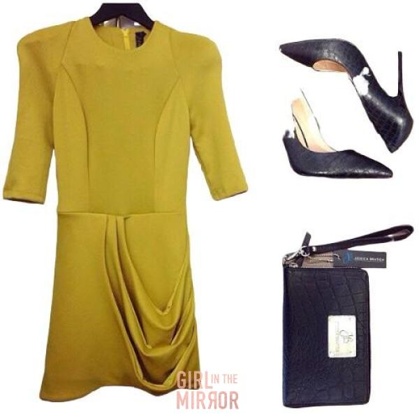 Close-up view of Zhivago neoprene minidress in black and citron, highlighting the sophisticated design elements and stylish shoulder accents.