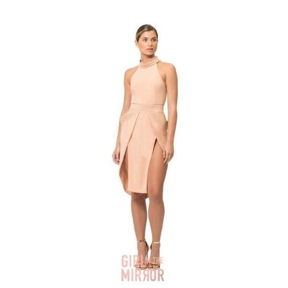 Elegant halter neck stretch jersey dress featuring satin contrast detailing, double split skirt design, available in lush black or soft nude.