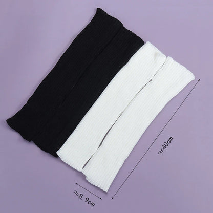 Luxury Long Socks Women's Leg Warmers displayed in three colours: black, white, and cream, showcasing the ribbed texture and dimensions.