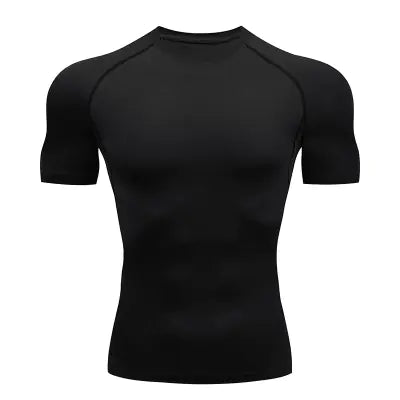 Sleek men's fitted compression short sleeve workout shirt in elegant black, crafted for ultimate flexibility and support during workouts.